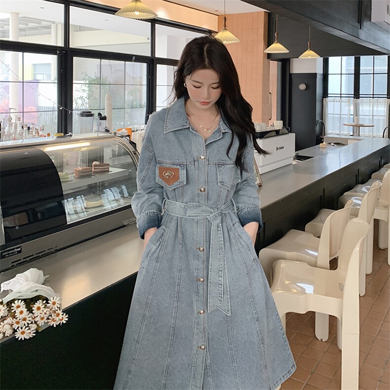 法式气质减龄Polo领牛仔连衣裙女2025秋秋季新款韩版收腰显瘦长裙,女装连衣裙,秋水欣儿