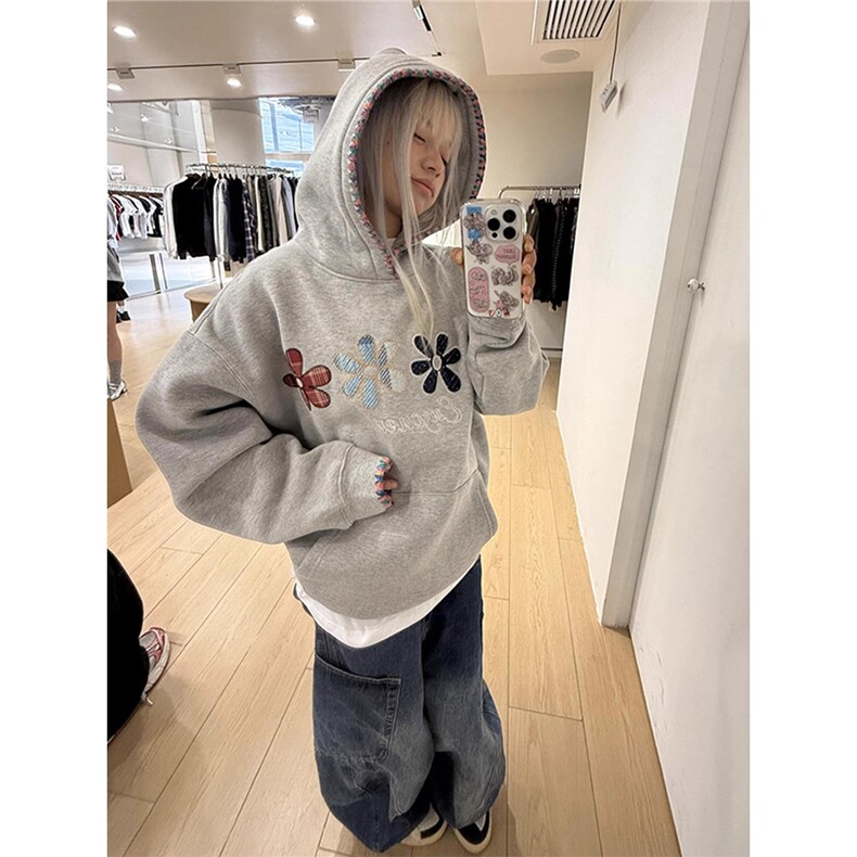 美式高街帽衫刺绣花朵卫衣秋冬情侣装连帽外套Aw13-P50,女装短外套,星座208-5