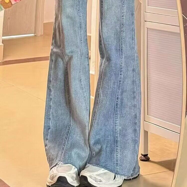 双扣拼接小众设计感修身牛仔裤女怀旧复古马蹄高腰微喇叭长裤子潮,男装牛仔裤,星座1210-1