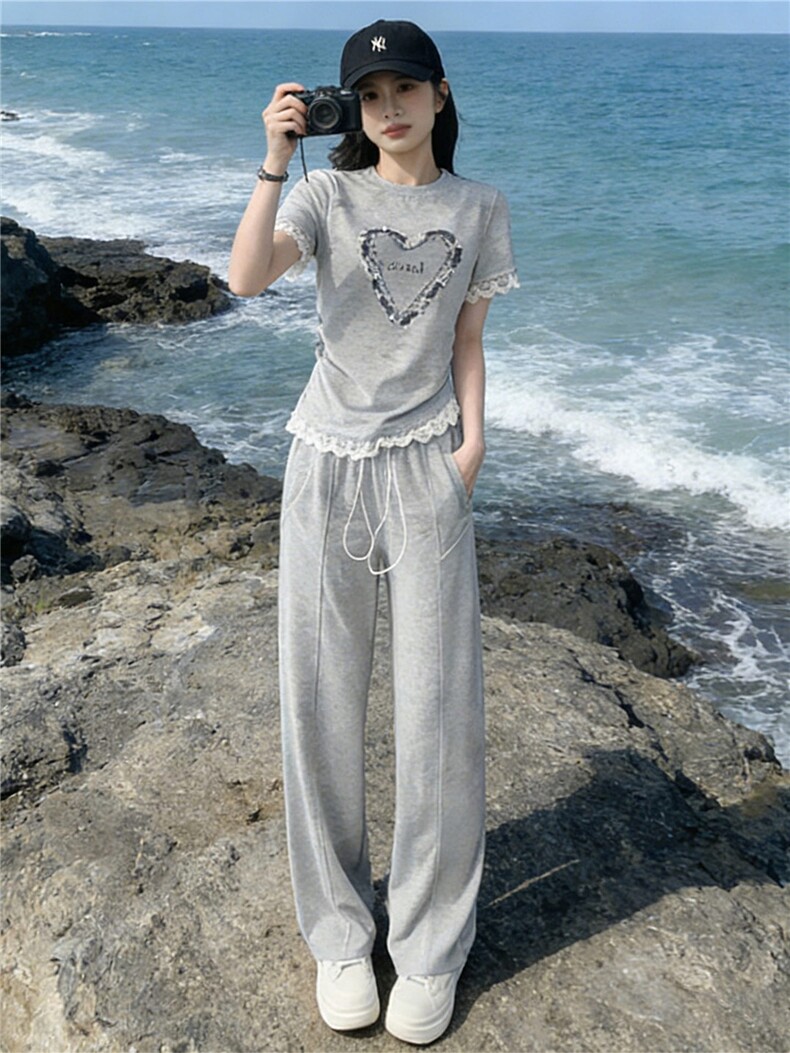 韩版时尚气质套装女夏季新款高级感显瘦短袖上衣宽松阔腿裤两件套,女装套装/套裙,江南