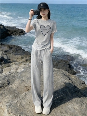 韩版时尚气质套装女夏季新款高级感显瘦短袖上衣宽松阔腿裤两件套，女装套装/套裙，江南