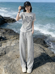 韩版时尚气质套装女夏季新款高级感显瘦短袖上衣宽松阔腿裤两件套图片
