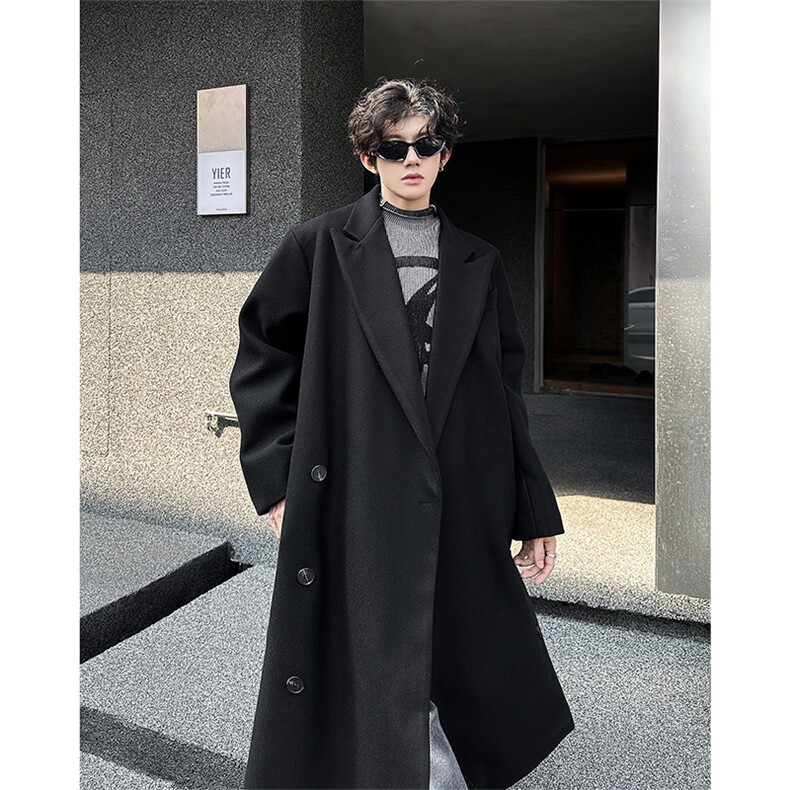 现货~黑色垫肩毛呢大衣冬季赫本英伦风长款教父风衣外套Y900-P135，男装风衣，星座1004-3