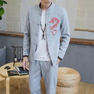 夹克套装男士修身立领一套衣服中国风刺绣休闲男两件套YK807-P100图片