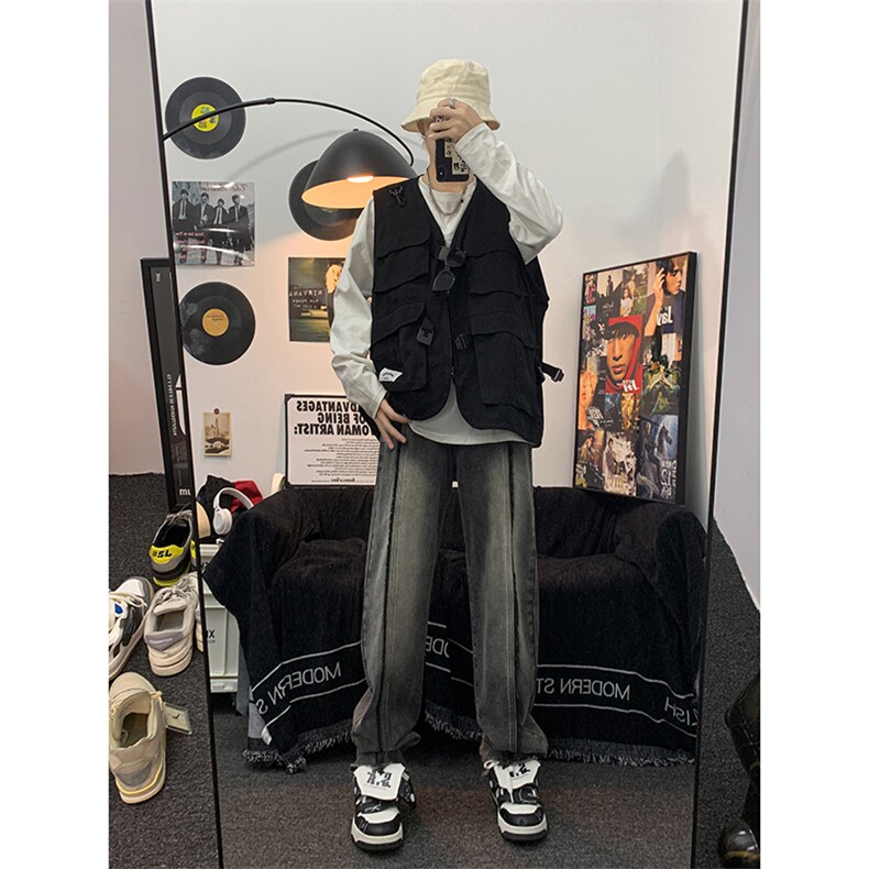 美式ins高街hiphop重工艺水洗毛边牛仔裤货号K712P65图片