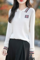 精纺POLO领羊毛衫女拼色字母毛衣衬衣领坑条针织衫韩版打底衫套头，女装针织衫/毛衣，佰米娇羊绒