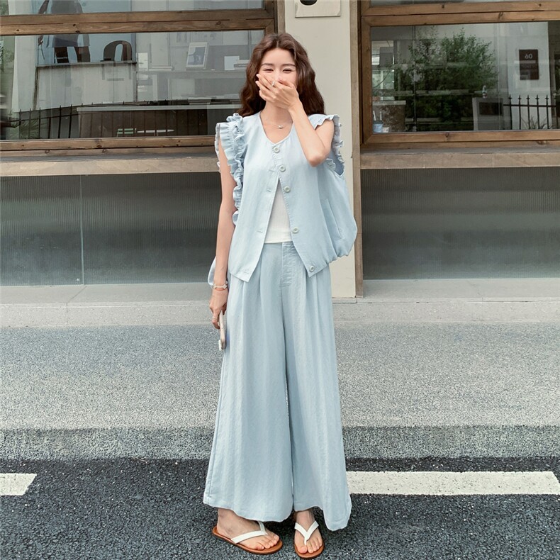 浅蓝色小飞袖马甲阔腿裤套装女2025夏季新款甜美减龄巨好看两件套,女装套装/套裙,2C203