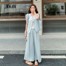 浅蓝色小飞袖马甲阔腿裤套装女2025夏季新款甜美减龄巨好看两件套，女装套装/套裙，2C203