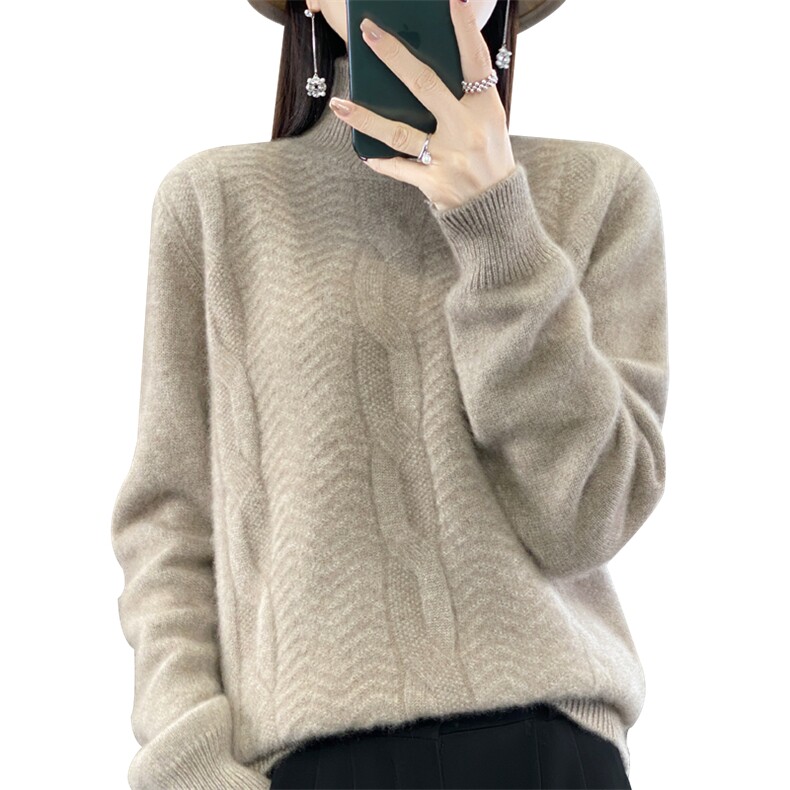 百搭紫色高领毛衣女秋冬新款宽松显瘦加厚保暖羊毛针织衫,女装羊毛衫,九嘉羊绒