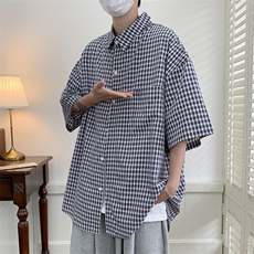 2025夏季新款格子宽松大码短袖衬衫潮衬衣A017C10P45，男装T恤，电商A017