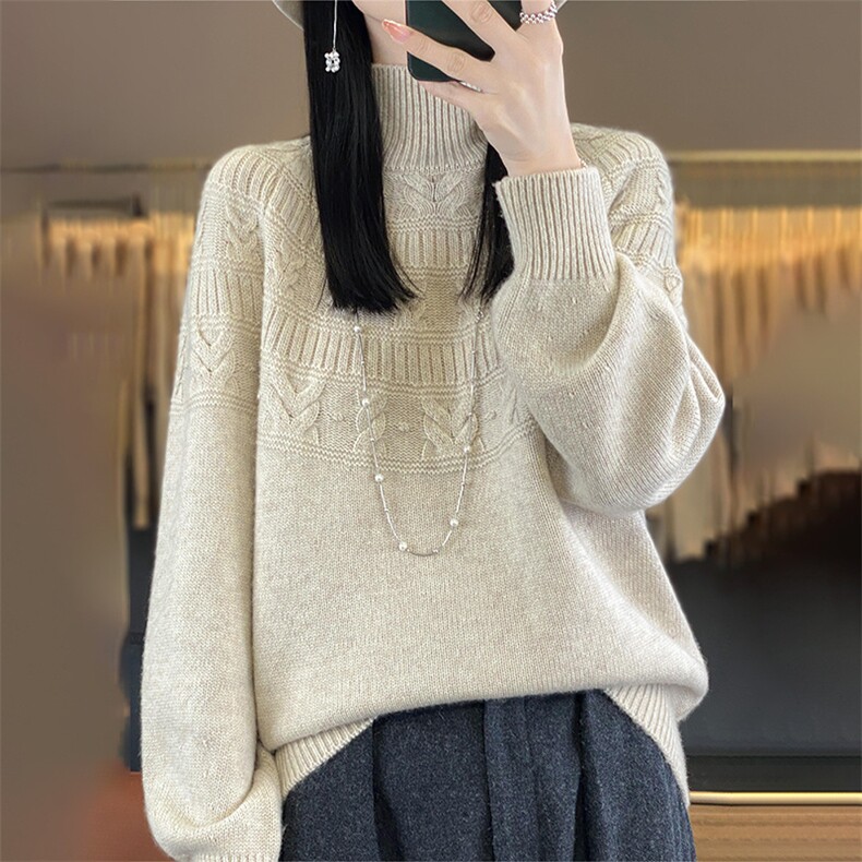 红色毛衣高端秋冬新款羊绒衫女半高领提花加厚套头针织羊毛打底衫，女装羊毛衫，科源羊绒