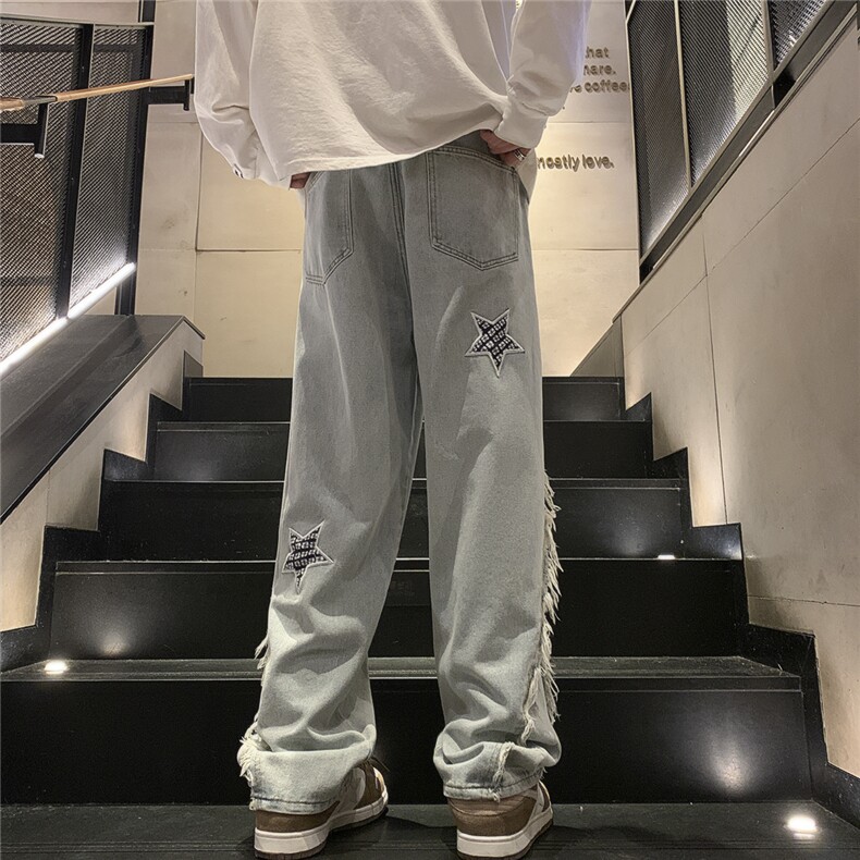 D258KZ07P65控78高街设计感五角星刺绣毛边牛仔裤,男装牛仔裤,电商D258