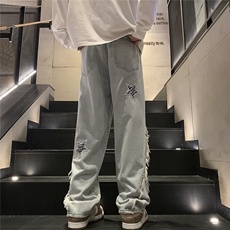 D258KZ07P65控78高街设计感五角星刺绣毛边牛仔裤，男装牛仔裤，电商D258