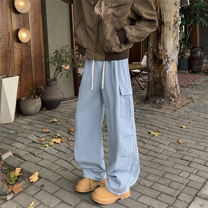美式复古工装牛仔裤男女宽松松紧腰抽绳直筒大口袋潮裤子N92-P46图片