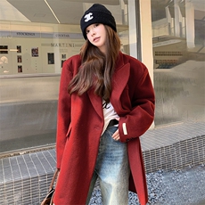 红色毛呢西装外套女高级感2024秋冬新款中长款毛呢西服小个子大衣，女装毛呢外套，2C085