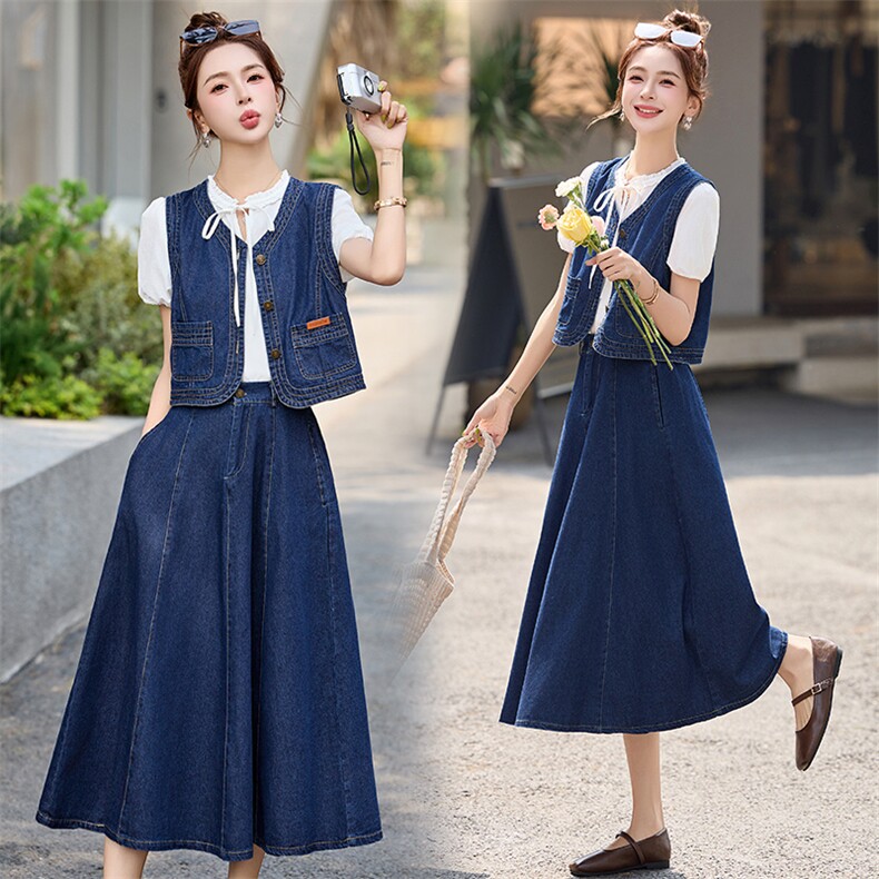 时尚休闲套装2025年新款时尚牛仔马甲+衬衫+半裙两件套裙LT2507，女装套装/套裙，芭米依尚