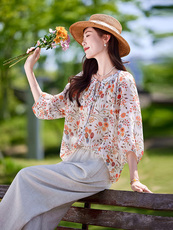 时尚休闲气质衬衫套装女2025夏新款宽松减龄显瘦亚麻阔腿裤两件套，女装套装/套裙，靓衣阁