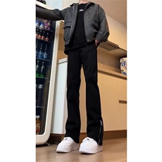 美式高街裤子男款侧边拉链黑色软牛仔裤修身长微喇裤RK3167-P37，男装牛仔裤，星座412-1
