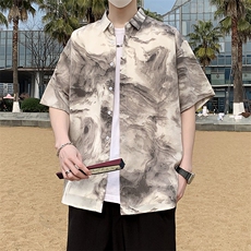 沙滩宽松港风休闲水墨画短袖衬衫男潮装清凉花衬衣7235P35，男装衬衫，电商A056