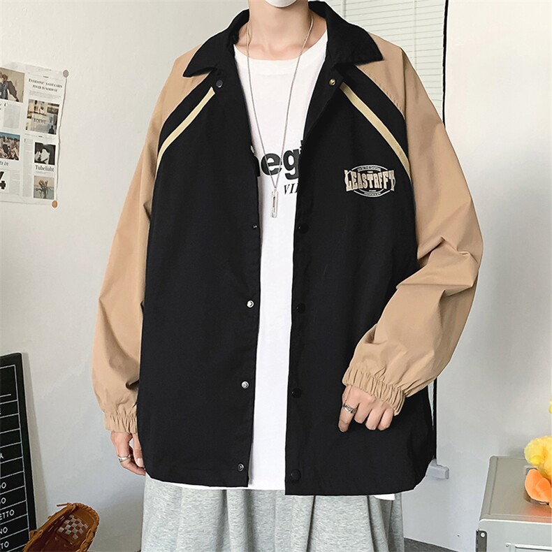 港风外套男拼接款慵懒风春秋季休闲宽松翻领夹克运动服 W1391-P58图片