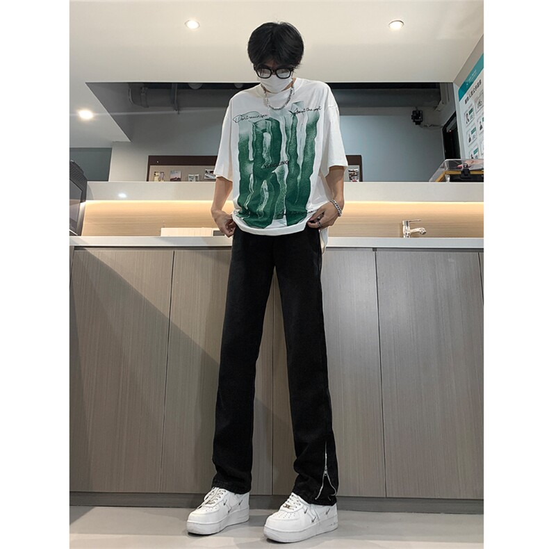 现货 渐变拉链黑色牛仔裤男大码修身直筒裤 K5804-K5805-P50图片