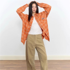 网图-春季橙色宽松刺绣格子衬衫上衣 9138-P40图片