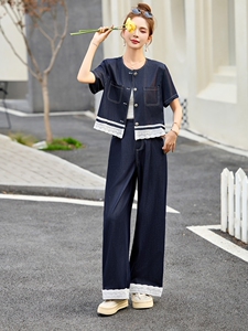 天丝牛仔蕾丝拼接套装女2025春夏新款高级感减龄休闲阔腿裤两件套图片