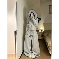 布零零字母灰色加绒卫裤女秋冬加厚宽松弯刀阔腿美式休闲运动裤男，男装休闲裤，星座506A