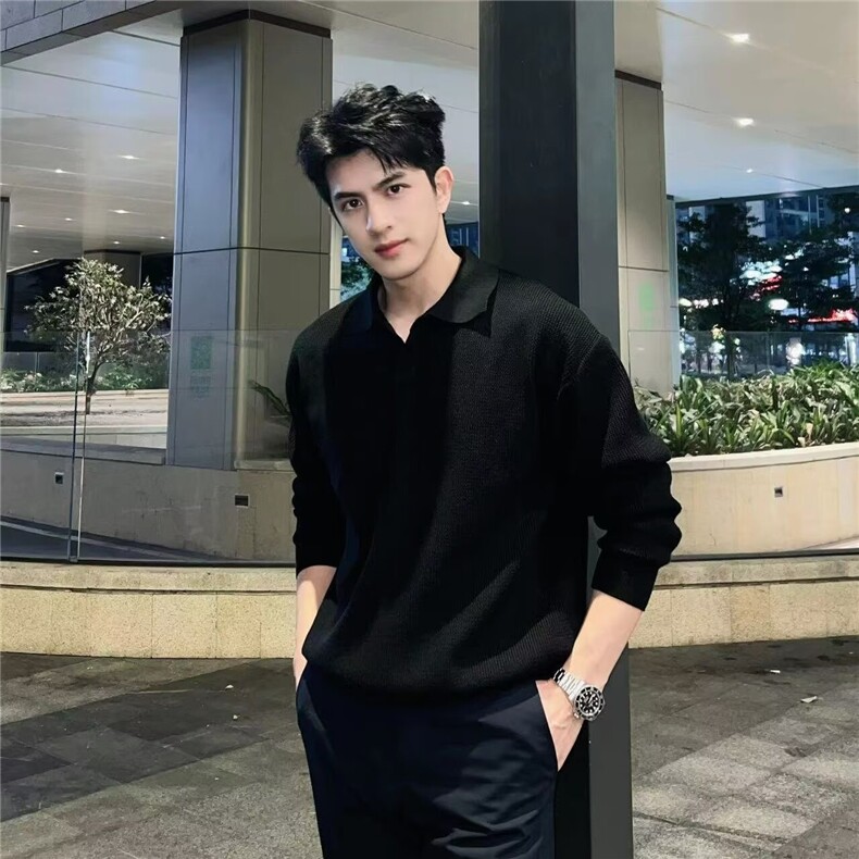 Z32-P55 2025美式复古翻领宽松慵懒套头坑条针织衫毛衣男秋图片