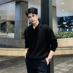 Z32-P55 2025美式复古翻领宽松慵懒套头坑条针织衫毛衣男秋图片