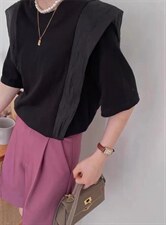 新款小众气质木耳边拼接飞飞袖纯色短袖T恤，女装T恤，L·H·X