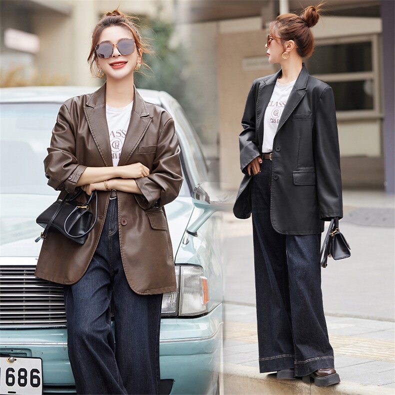 BAO款皮衣女2025新款款小个子高级感宽松春秋季韩版洋气西装外套,女装皮衣,江南女神