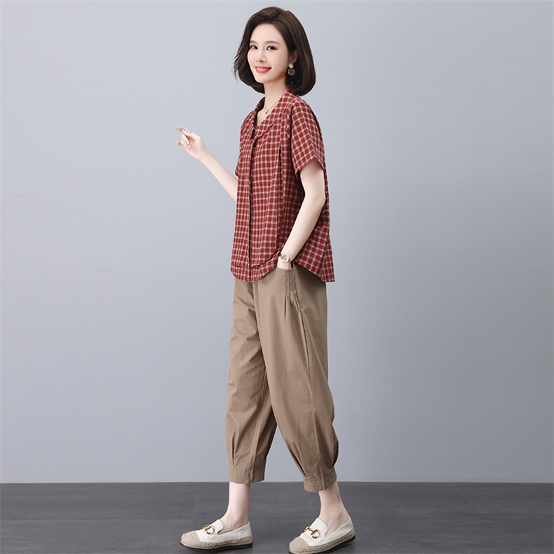纯棉短袖衬衫女2025夏季新款中年妈妈装格子休闲宽松翻领洋气上衣,女装套装/套裙,忆绮罗