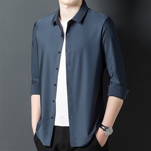 衬衫男士夏春季2023年新款冰丝宽松百搭中老年衬衣男长袖上衣图片