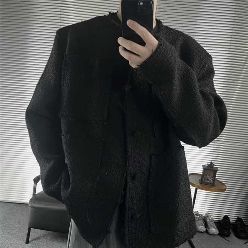 秋冬季新款复古毛边设计感垫肩cleanfit小香风毛边编织粗花呢夹克,男装夹克,星座506A