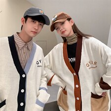 撞色日系字母刺绣毛衣开衫秋冬学院风慵懒情侣针织外套M534-P46，男装针织衫/毛衣，星座512-2