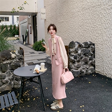 粉色小香风马甲套装裙女春秋三件套超火爆款漂亮流行气质高级感，女装套装/套裙，纯色衣恋