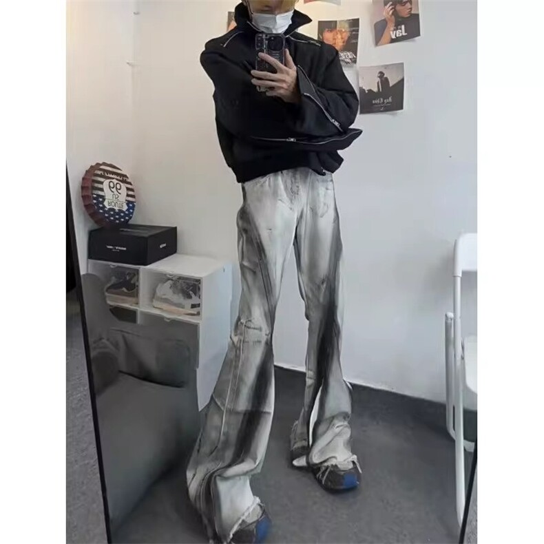 扎染渐变毛边微喇牛仔裤男欧美hiphop裤子高街直筒脏脏裤X167-P58,男装牛仔裤,星座1007（原301D）