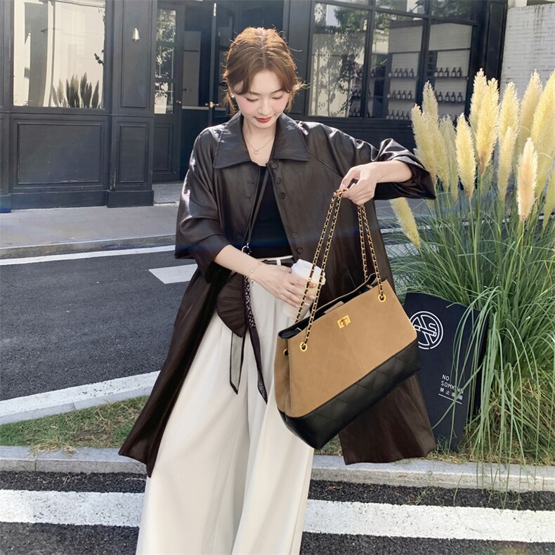 深棕色复古高级感气质皮衣外套女2025秋美式又酷又飒时尚翻领大衣,女装皮衣,2C176