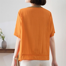 现货2023夏季新款复古盘扣刺绣设计斜襟套头短袖，女装蕾丝衫/雪纺衫，深水步