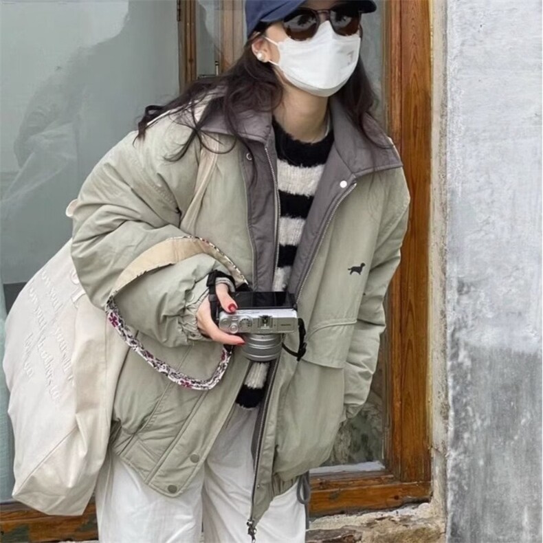抹茶绿美式复古翻领夹克棉服女冬季外套2025新款韩系宽松加厚棉衣图片
