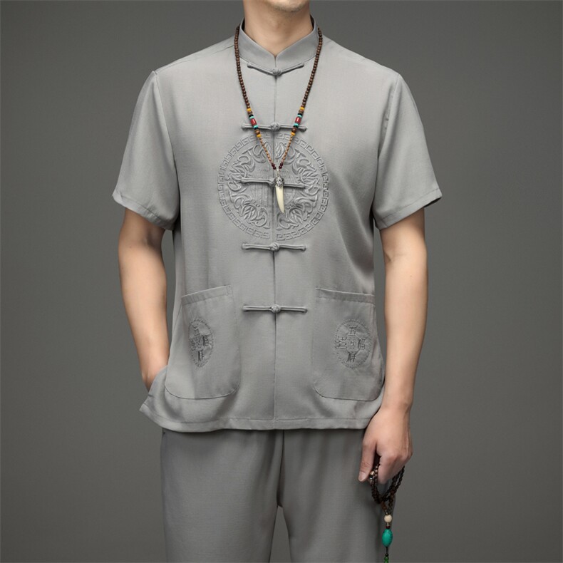 夏季唐装男短袖中老年风休闲套装中式父亲老人爷爷衣服,男装民族服装,电商B212（原钱塘6029）