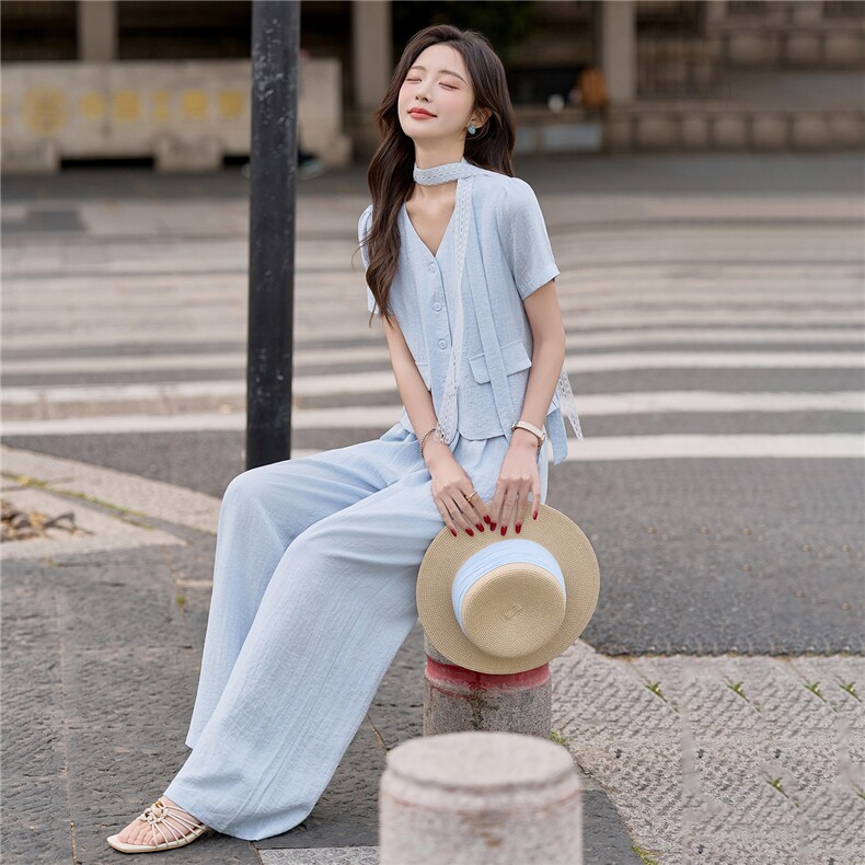 时尚气质飘带搭配棉麻两件套,女装套装/套裙,红依一坊