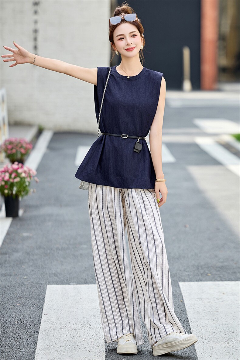 时尚条纹阔腿裤两件套女2025新款夏季无袖背心轻熟风休闲气质套装,女装套装/套裙,韩宇舍