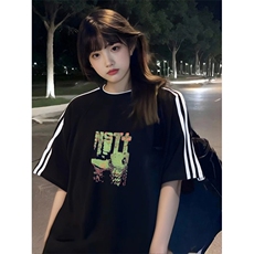 抖音得物高品质二开240克宽松纯棉美式潮牌三条杠织带短袖T恤，男装T恤，电商A486-1