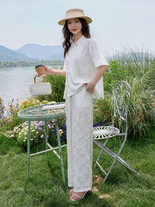 盘扣提花套装女2025夏新款新中式高端洋气御姐范阔腿裤两件套图片