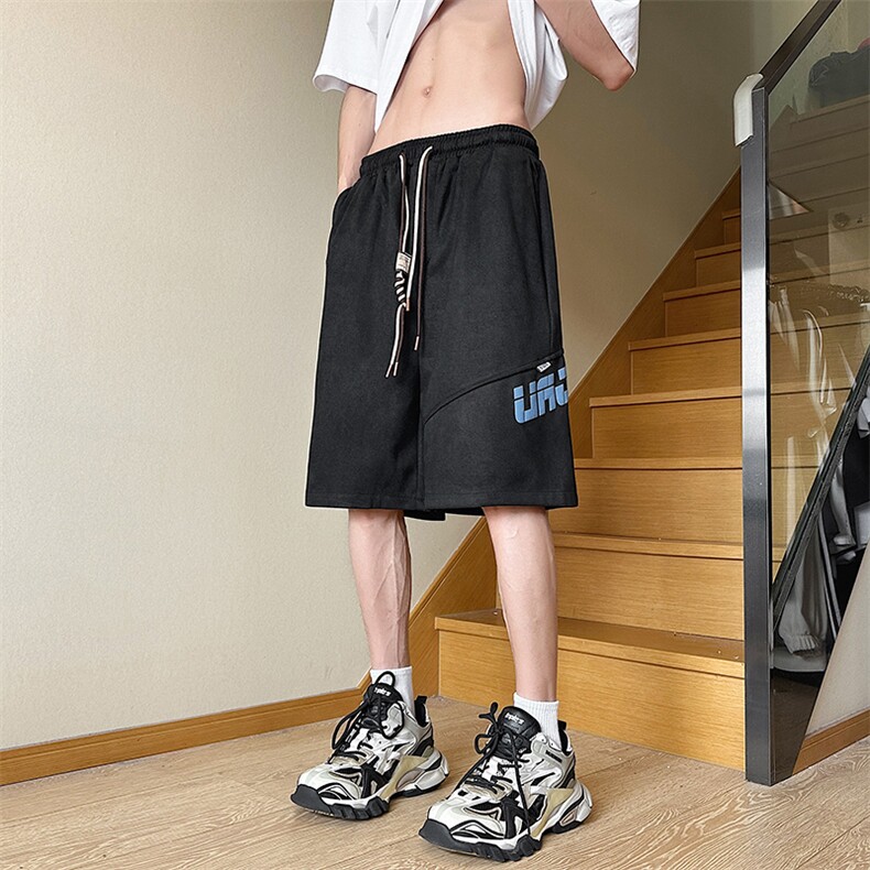 港风夏款男短裤鹿皮绒字母发泡印花宽松五分裤D1072P35,男装牛仔裤,星座1013-1