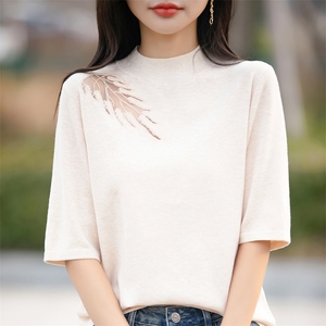 蕾丝拼接五分袖针织打底衫女2025新款半袖毛衣精纺薄款中袖上衣T图片