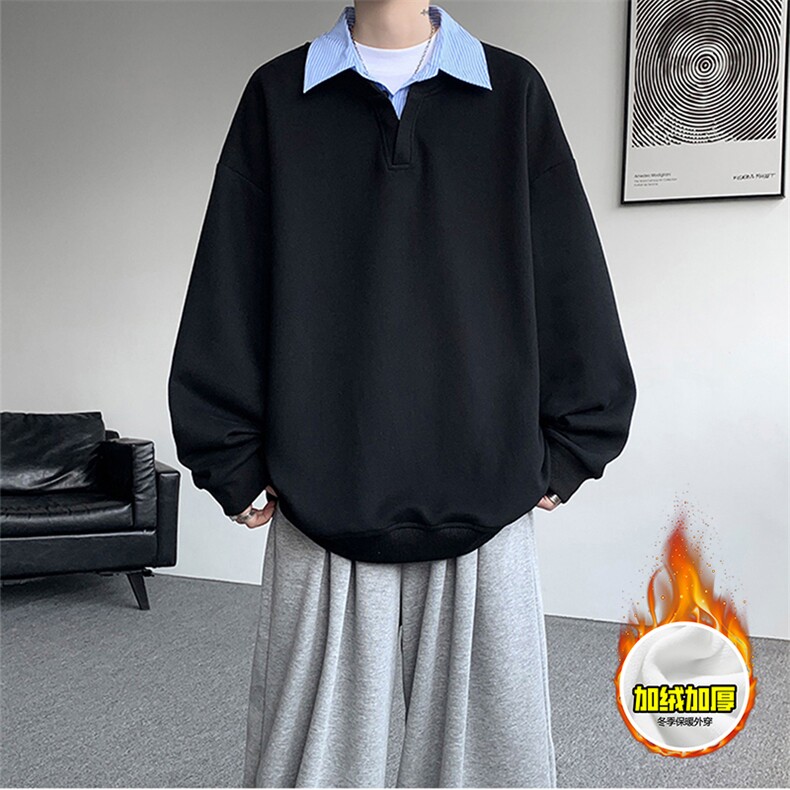重磅加绒硬挺boxy男女美式高街假两件衬衫领长袖卫衣POLO领打底衫，男装T恤，电商A486-1