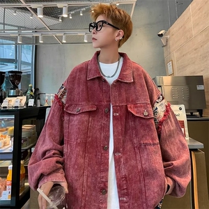 水洗拼接牛仔夹克男女港风春秋款设计感个性毛边工装外套 JK3303图片